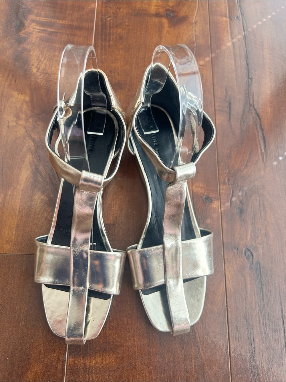 Celine Paris leather Metallic Silver T-Strap Women's wedge Sandals 37